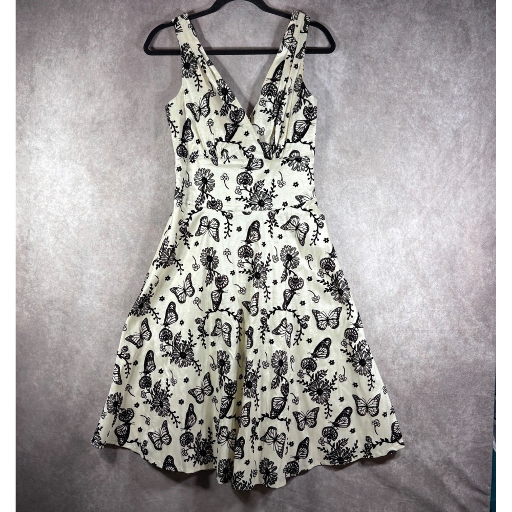 Voodoo Vixen Dress Womens Medium Cream Butterfly Floral Fit Flare Rockabilly
